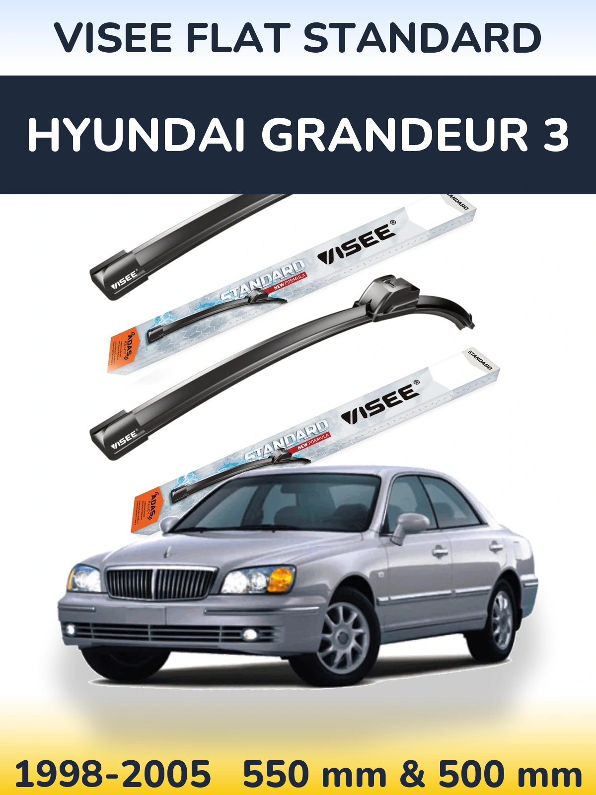 Komplet przednich wycieraczek VISEE FLAT STANDARD 550 & 500 mm do Hyundai Grandeur 3 1998-2005