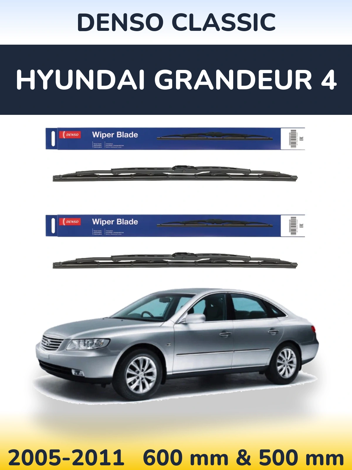 Front wiper blade set Denso Classic 600 & 500 mm for Hyundai Grandeur 4 2005-2011