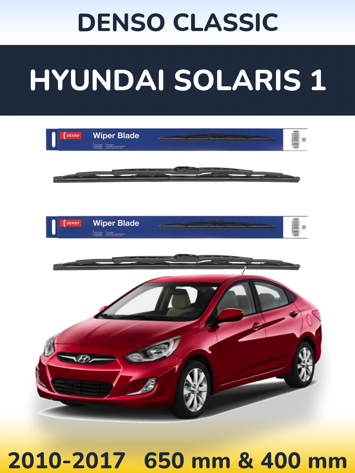 Front wiper blade set Denso Classic 650 & 400 mm for Hyundai Solaris 1 2010-2017
