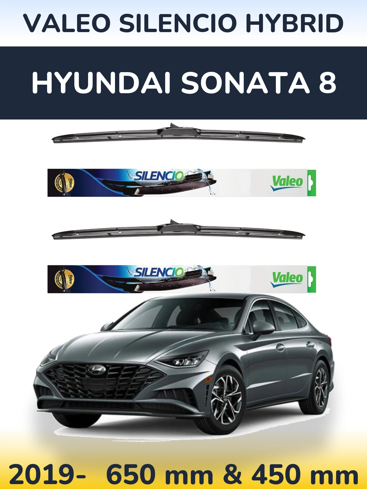 Komplet przednich wycieraczek Valeo Silencio Hybrid 650 & 450 mm do Hyundai Sonata 8 2019-2026