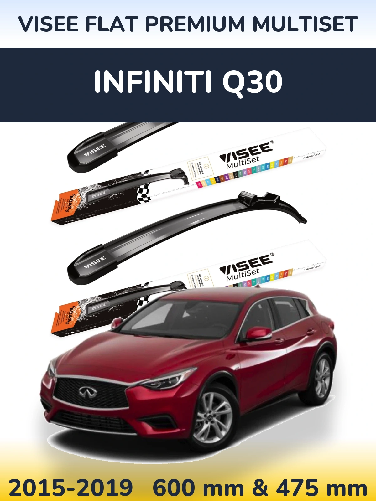 Комплект передніх щіток VISEE FLAT PREMIUM MultiSet 600 & 475 мм для Infiniti Q30 2015-2019
