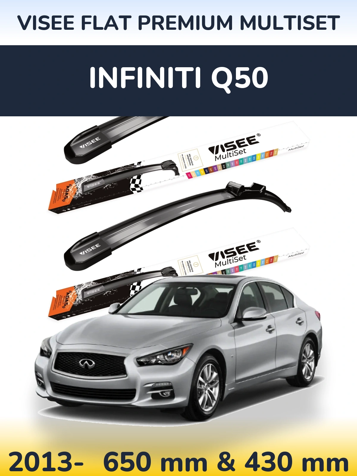 Комплект передних дворников VISEE FLAT PREMIUM MultiSet 650 & 430 мм для Infiniti Q50 2013-2026
