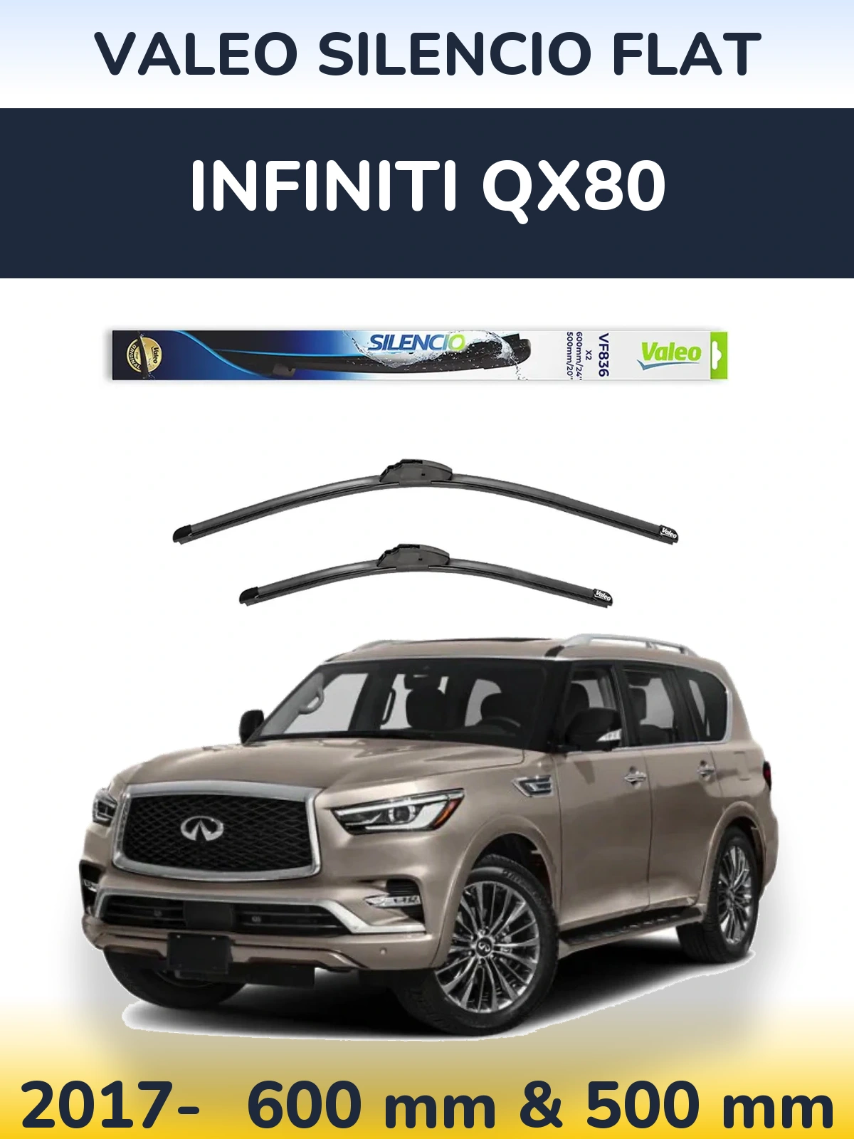 Комплект передніх щіток Valeo Silencio Flat 600 & 500 мм для Infiniti QX80 2017-2026