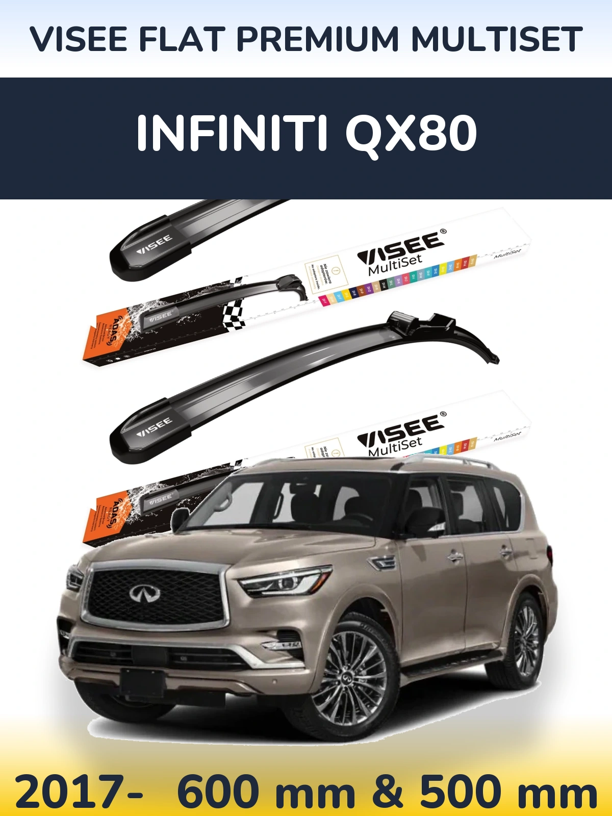 Комплект передних дворников VISEE FLAT PREMIUM MultiSet 600 & 500 мм для Infiniti QX80 2017-2026