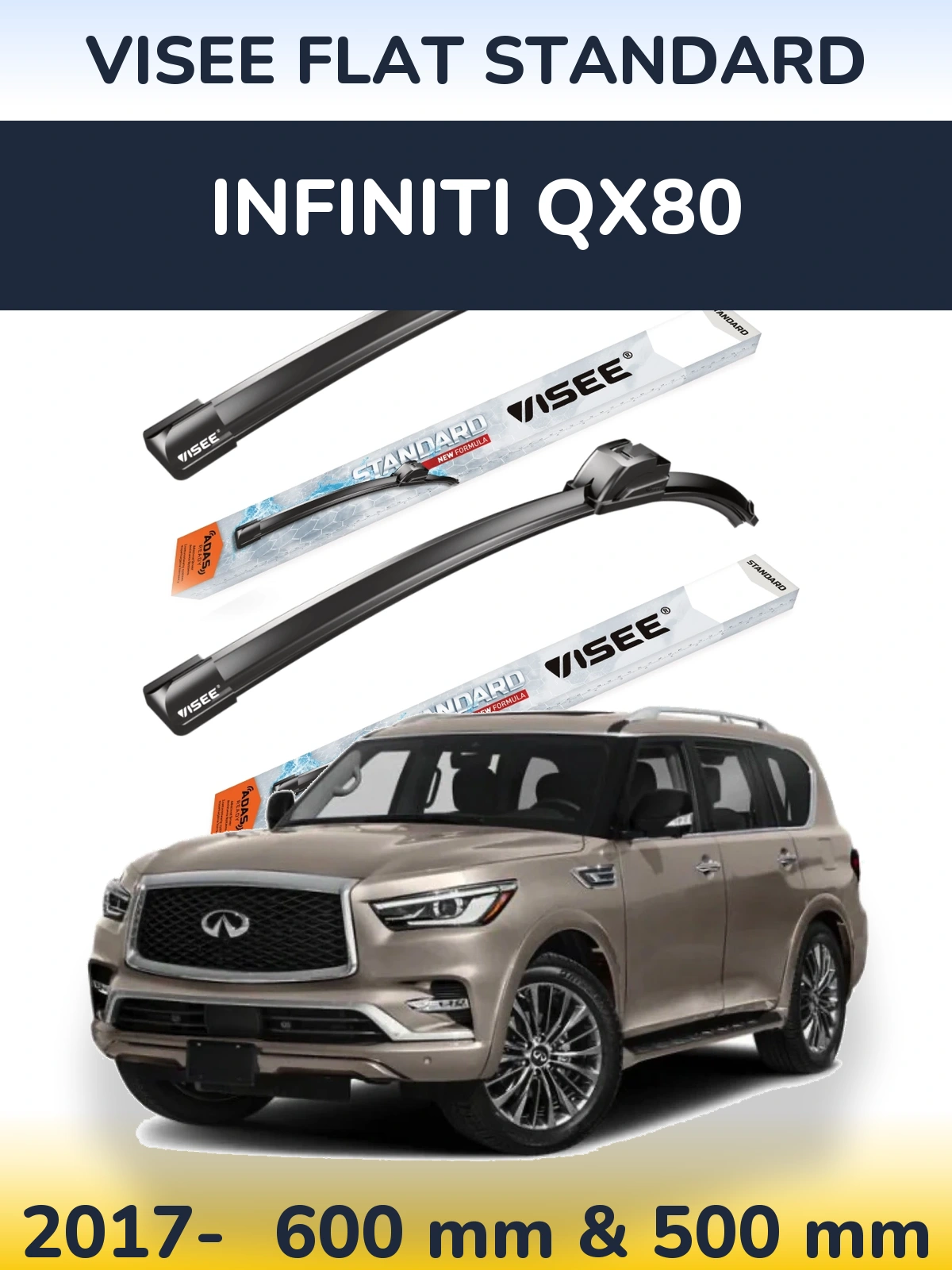 Komplet przednich wycieraczek VISEE FLAT STANDARD 600 & 500 mm do Infiniti QX80 2017-2026