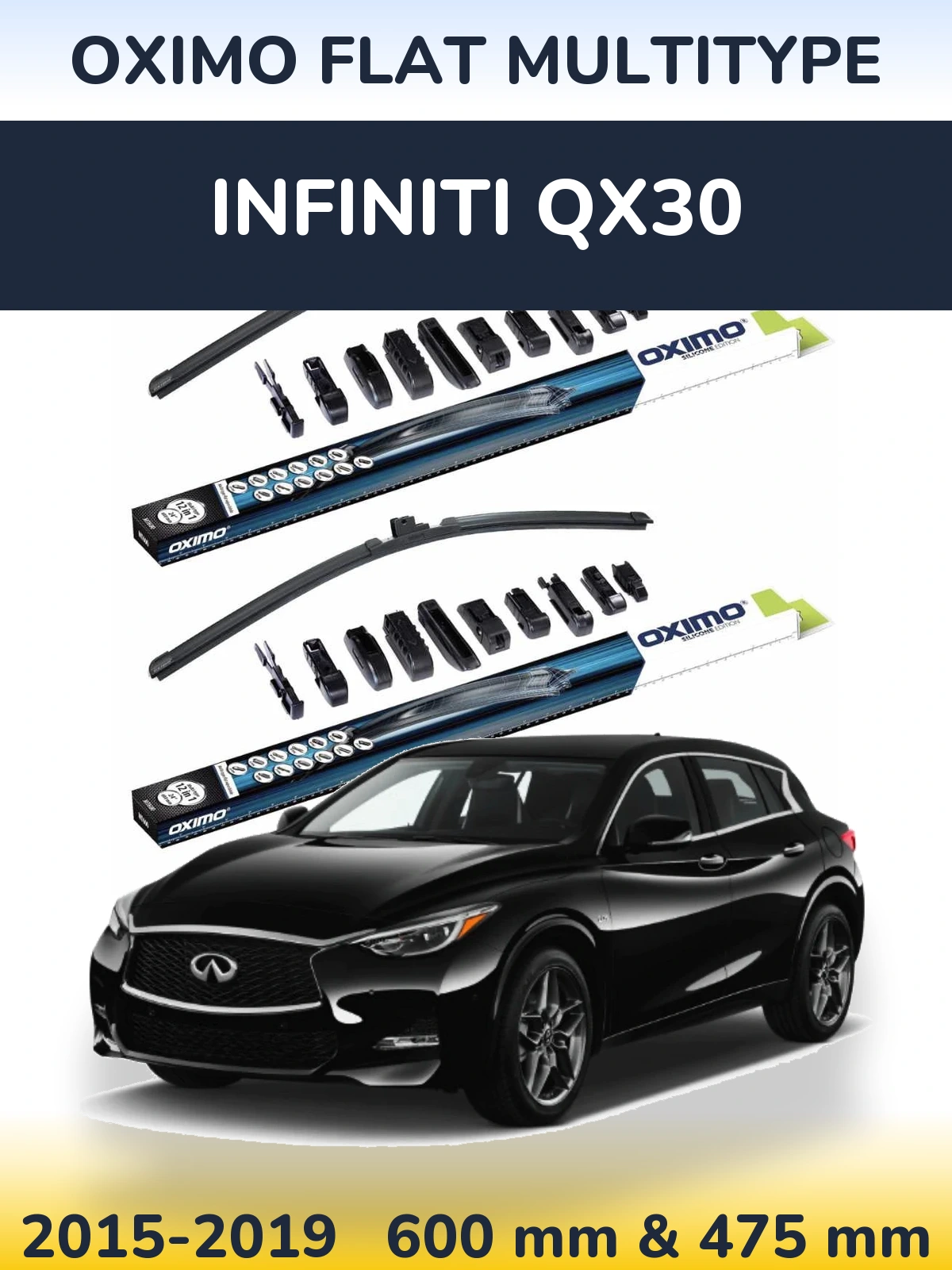 Front wiper blade set Oximo Flat MultiTypee 600 & 475 mm for Infiniti QX30 2015-2019