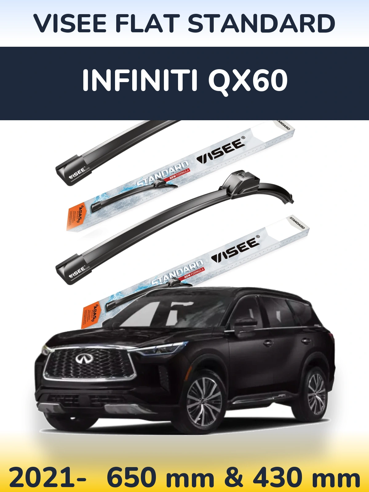 Комплект передних дворников VISEE FLAT STANDARD 650 & 430 мм для Infiniti QX60 2021-2026