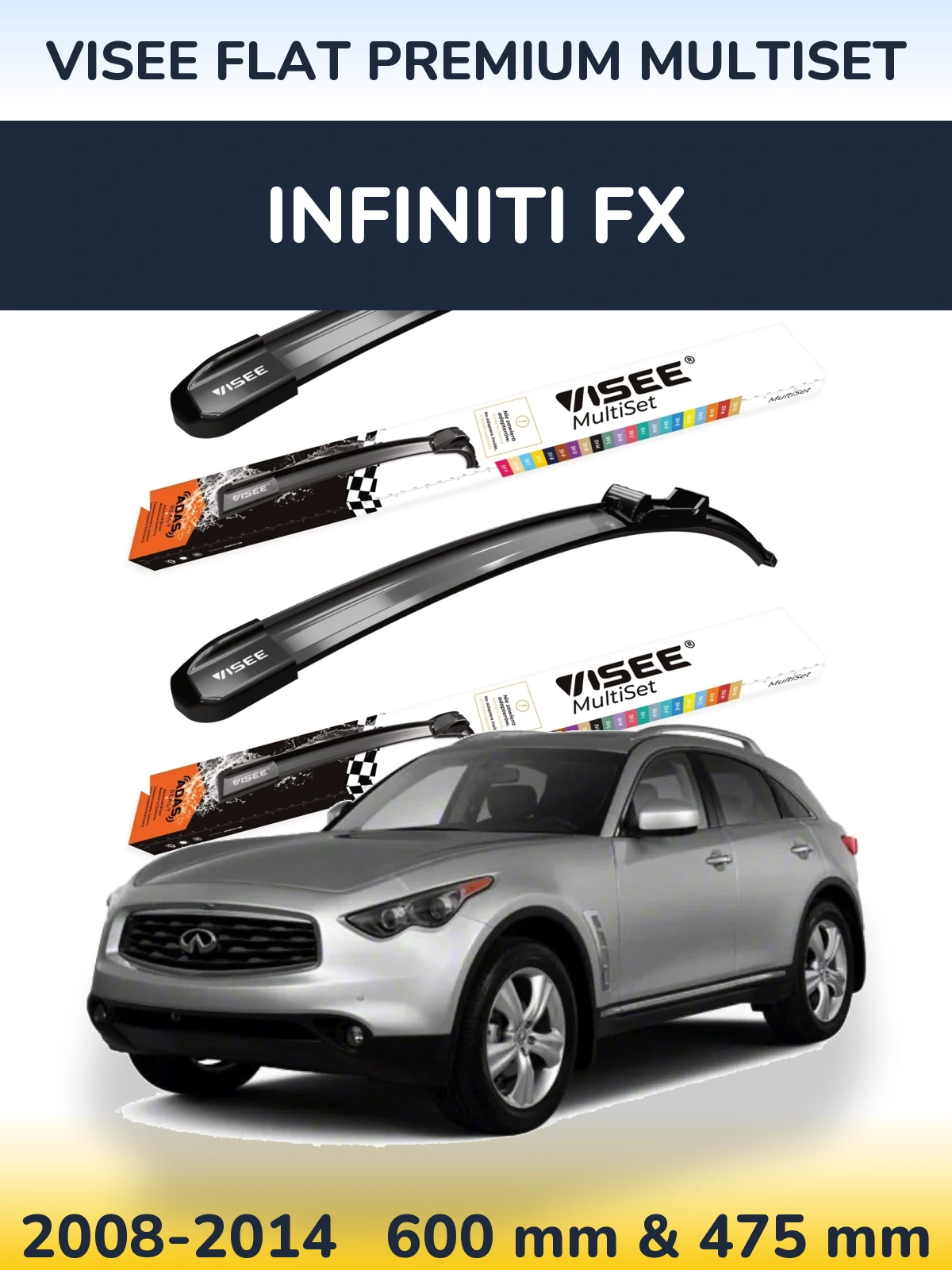 Комплект передних дворников VISEE FLAT PREMIUM MultiSet 600 & 475 мм для Infiniti FX 2008-2014