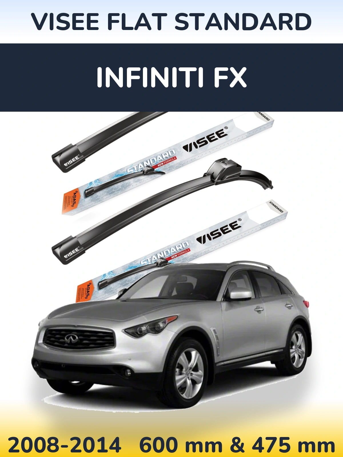 Комплект передних дворников VISEE FLAT STANDARD 600 & 475 мм для Infiniti FX 2008-2014