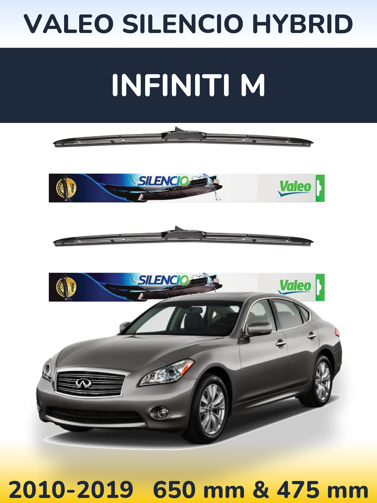 Front wiper blade set Valeo Silencio Hybrid 650 & 475 mm for Infiniti M 2010-2019