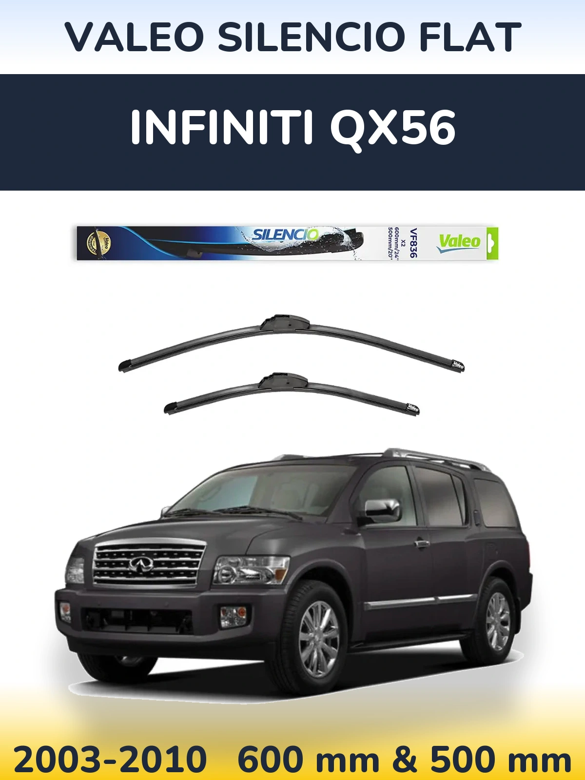 Front wiper blade set Valeo Silencio Flat 600 & 500 mm for Infiniti QX56 2003-2010