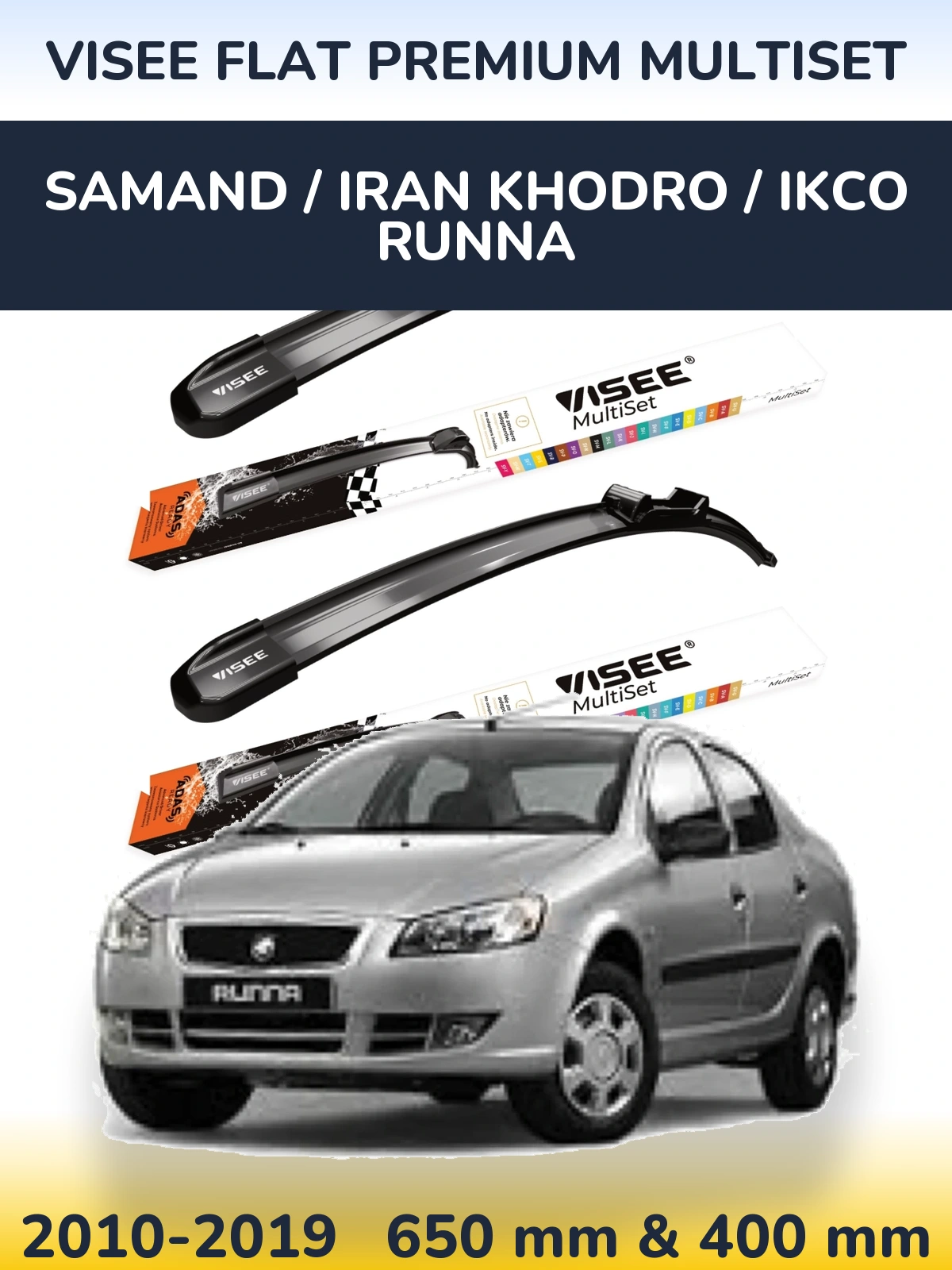 Komplet przednich wycieraczek VISEE FLAT PREMIUM MultiSet 650 & 400 mm do Samand / Iran Khodro / IKCO Runna 2010-2019