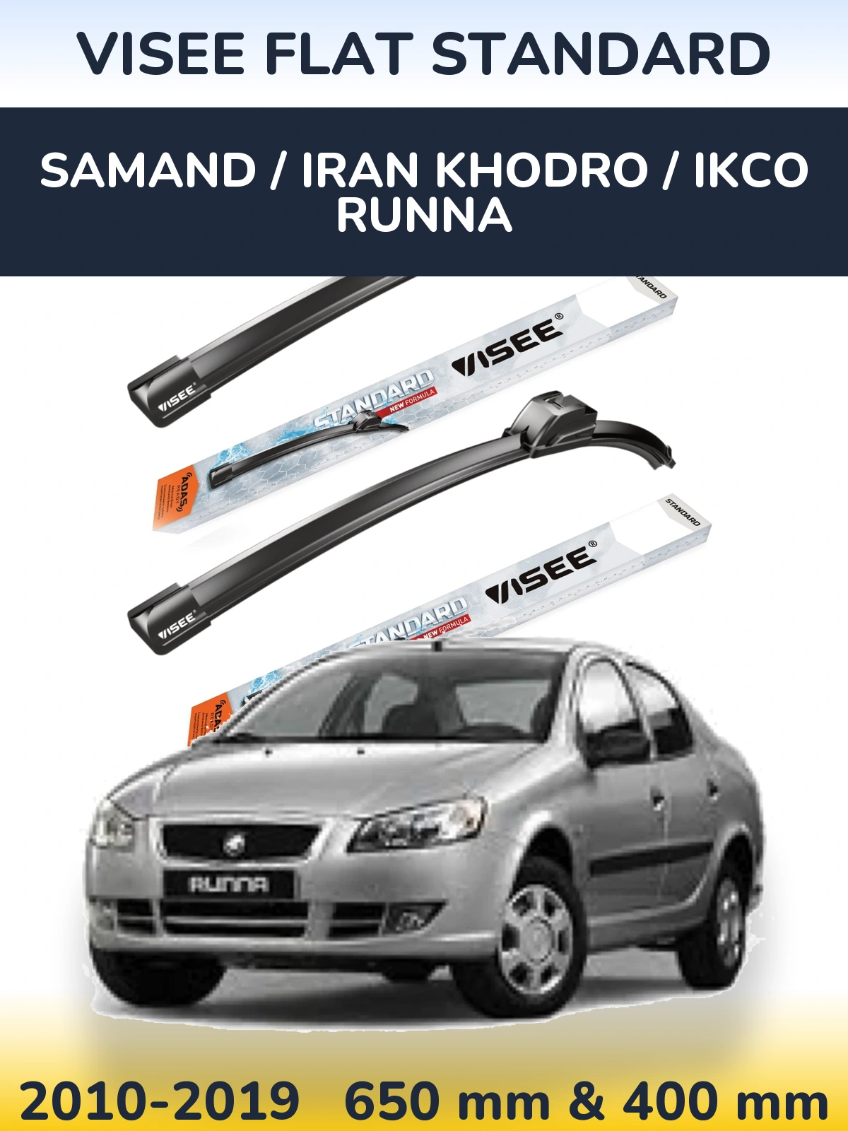 Komplet przednich wycieraczek VISEE FLAT STANDARD 650 & 400 mm do Samand / Iran Khodro / IKCO Runna 2010-2019