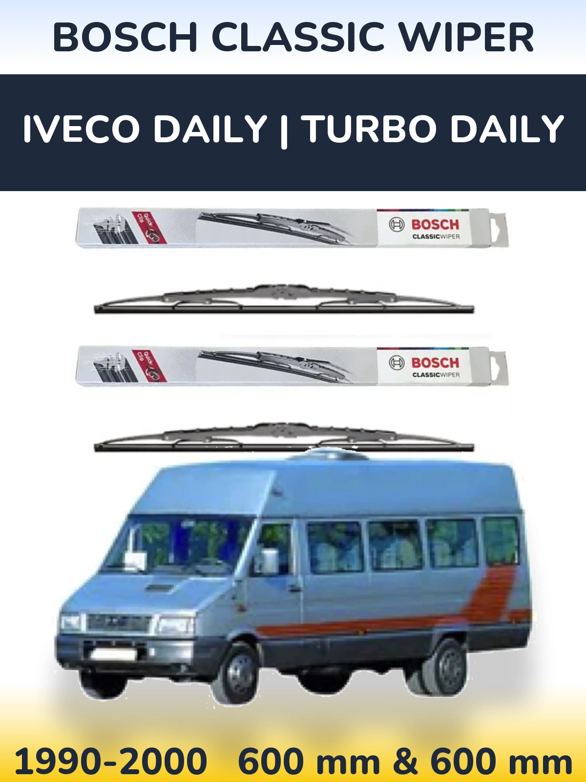 Komplet przednich wycieraczek BOSCH Classic Wiper 600 & 600 mm do Iveco Daily | Turbo Daily 1990-2000