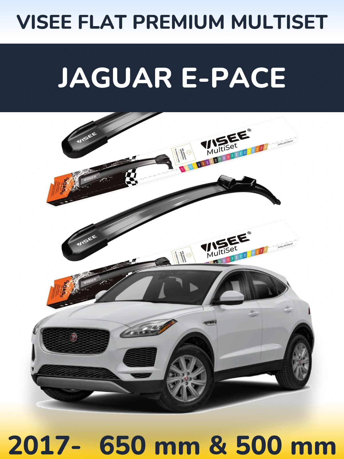 Komplet przednich wycieraczek VISEE FLAT PREMIUM MultiSet 650 & 500 mm do Jaguar E-Pace 2017-2026