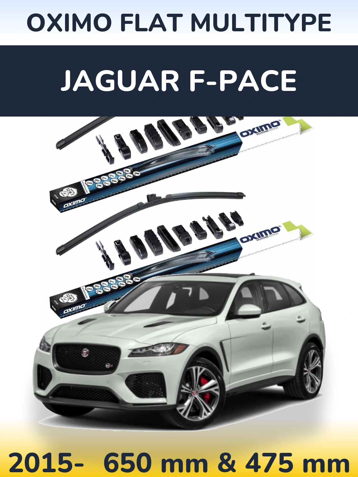 Front wiper blade set Oximo Flat MultiTypee 650 & 475 mm for Jaguar F-Pace 2015-2026
