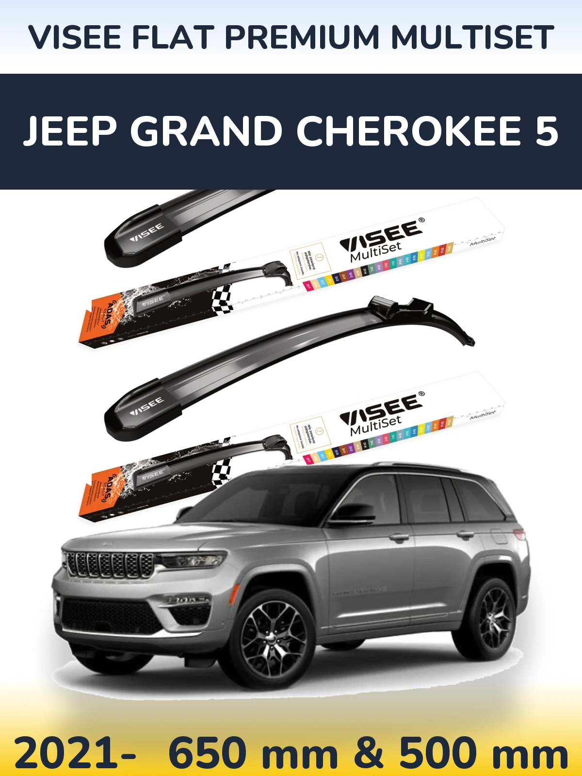 Komplet przednich wycieraczek VISEE FLAT PREMIUM MultiSet 650 & 500 mm do Jeep Grand Cherokee 5 2021-2026