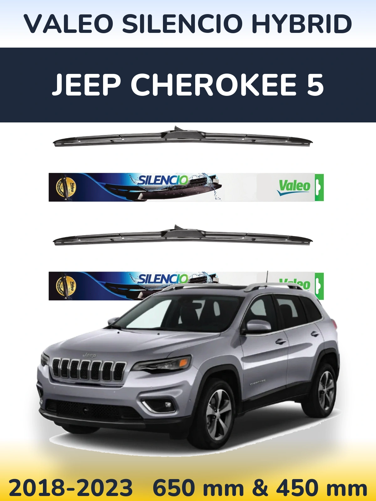 Komplet przednich wycieraczek Valeo Silencio Hybrid 650 & 450 mm do Jeep Cherokee 5 2018-2023