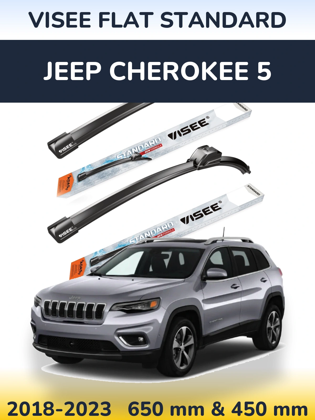 Front wiper blade set VISEE FLAT STANDARD 650 & 450 mm for Jeep Cherokee 5 2018-2023