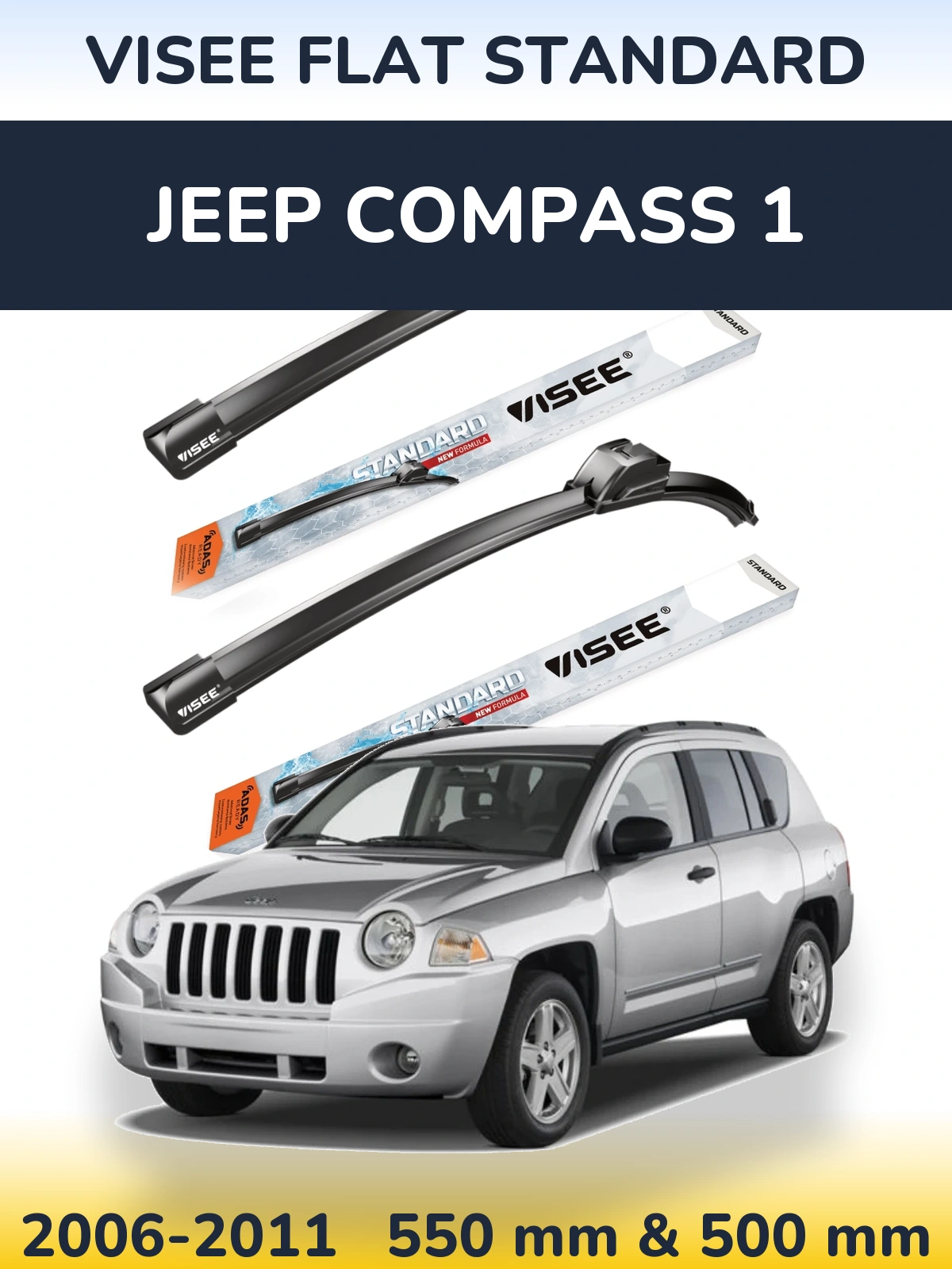 Комплект передних дворников VISEE FLAT STANDARD 550 & 500 мм для Jeep Compass 1 2006-2011