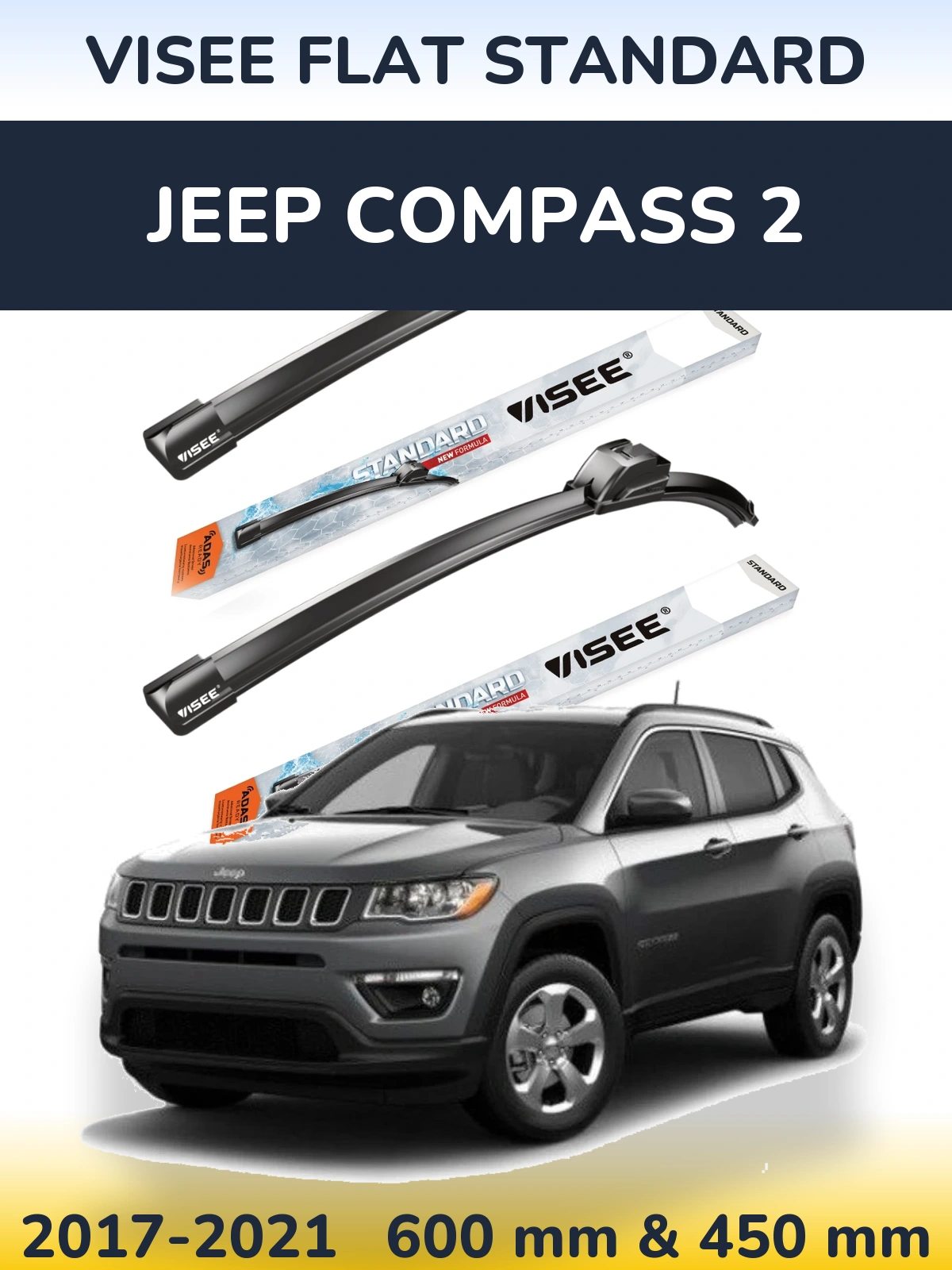 Komplet przednich wycieraczek VISEE FLAT STANDARD 600 & 450 mm do Jeep Compass 2 2017-2021