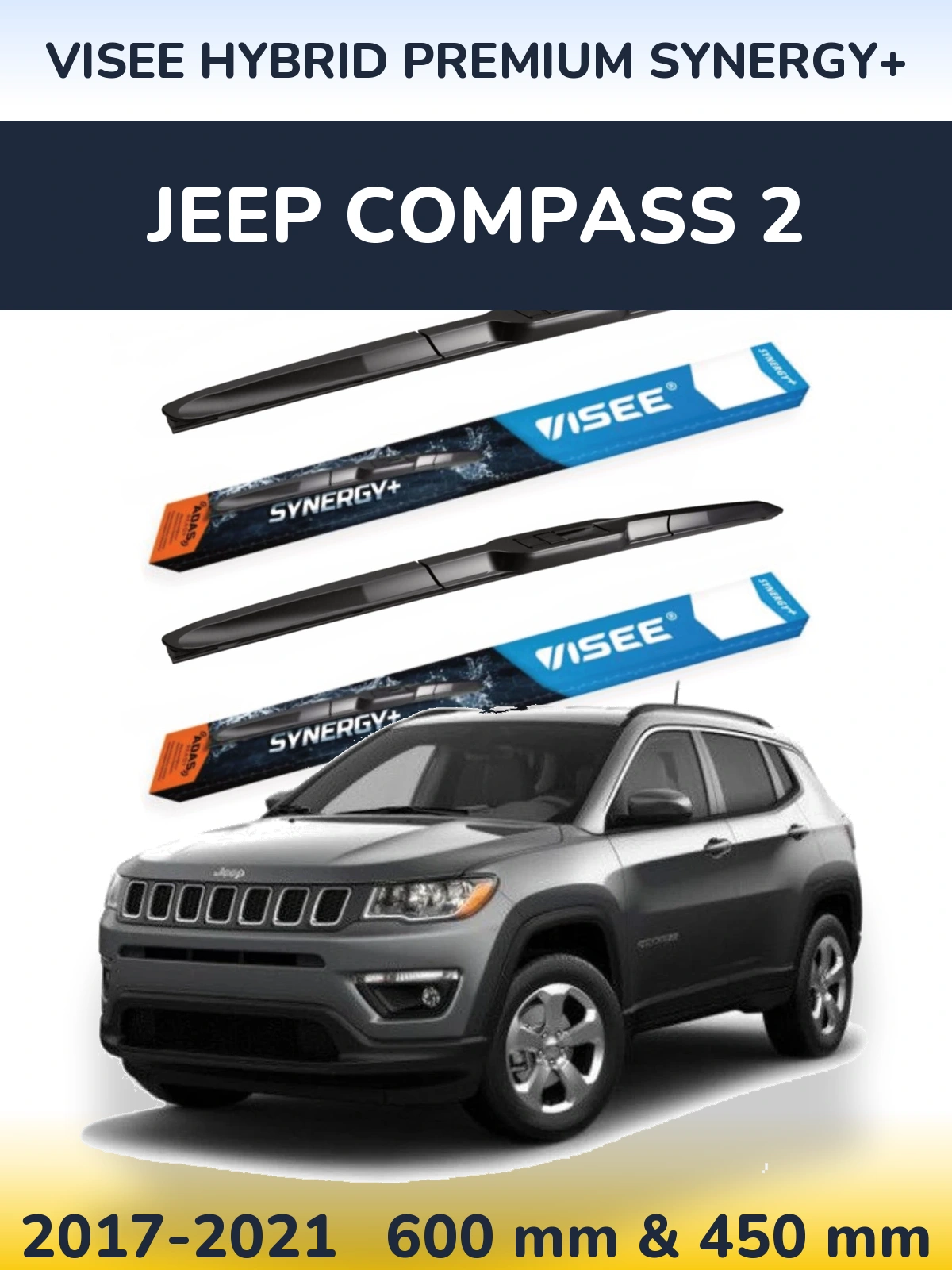 Front wiper blade set VISEE HYBRID PREMIUM SYNERGY+ 600 & 450 mm for Jeep Compass 2 2017-2021