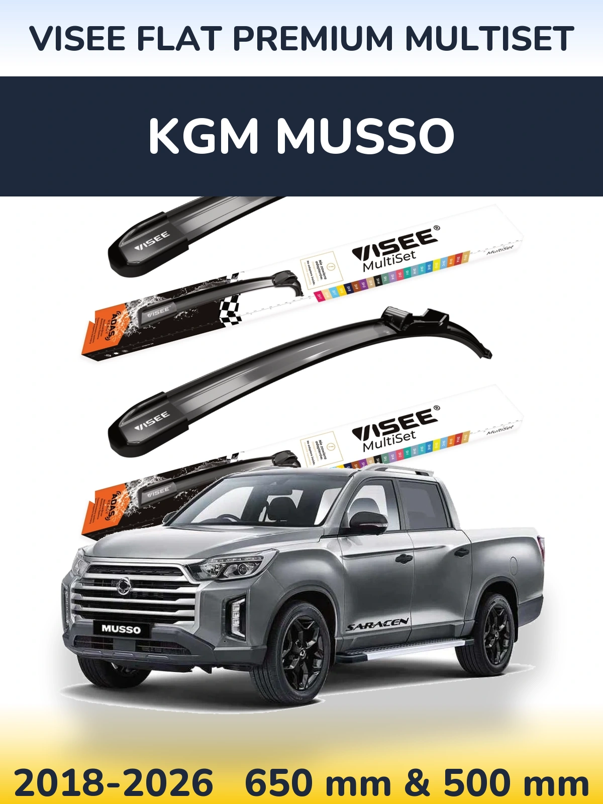 Komplet przednich wycieraczek VISEE FLAT PREMIUM MultiSet 650 & 500 mm do KGM Musso 2018-2026