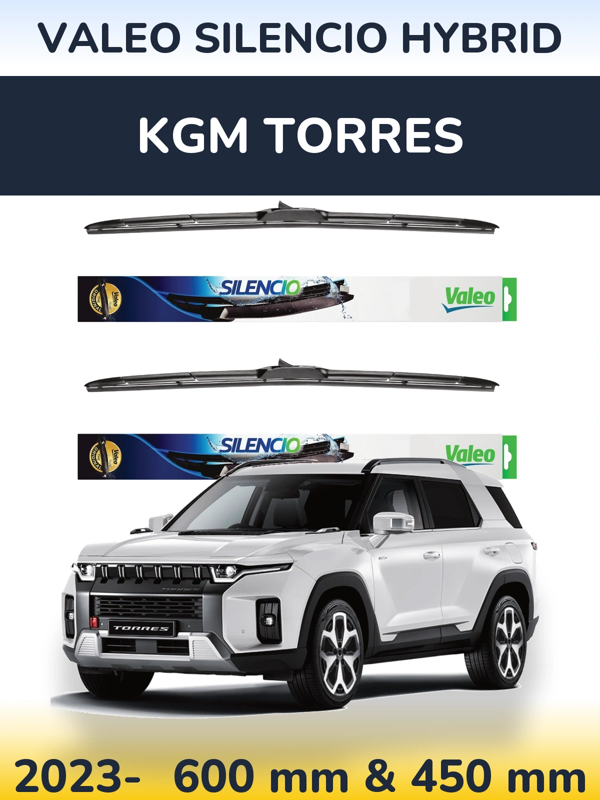 Front wiper blade set Valeo Silencio Hybrid 600 & 450 mm for KGM Torres 2023-2026