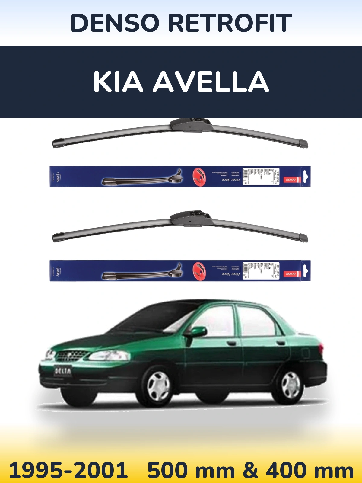 Front wiper blade set Denso Retrofit 500 & 400 mm for KIA Avella 1995-2001