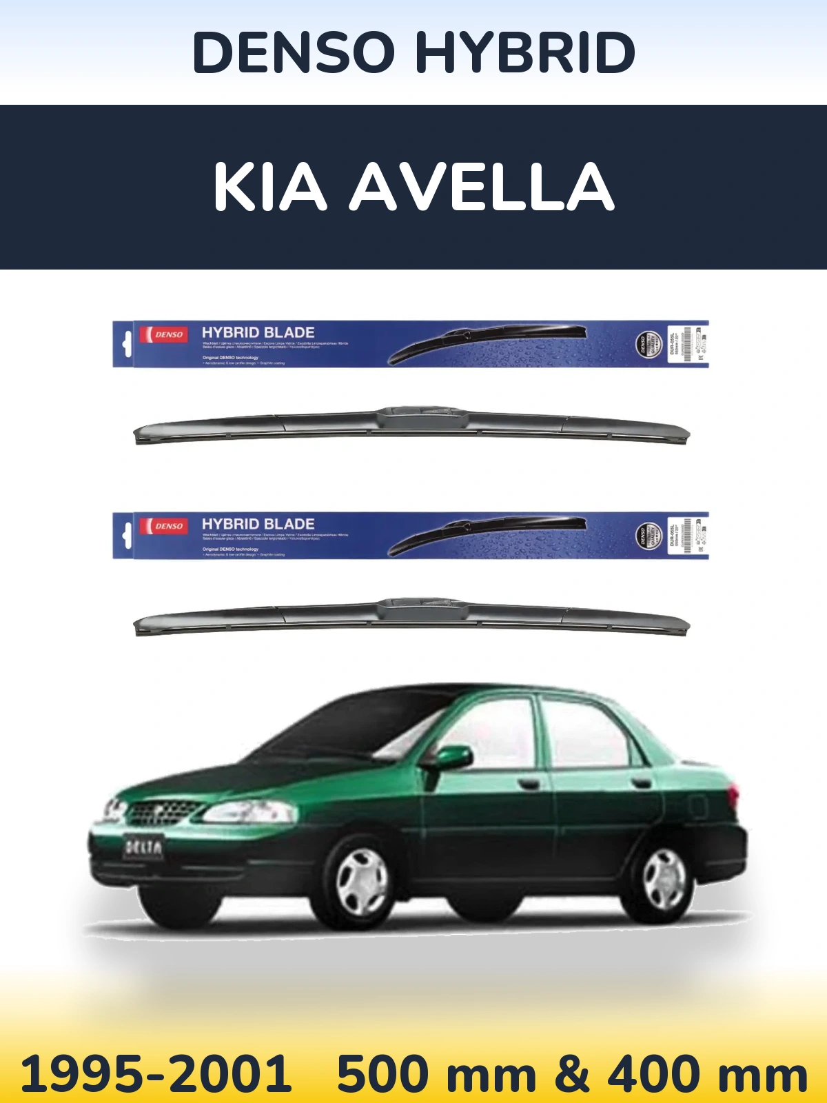 Front wiper blade set Denso Hybrid 500 & 400 mm for KIA Avella 1995-2001