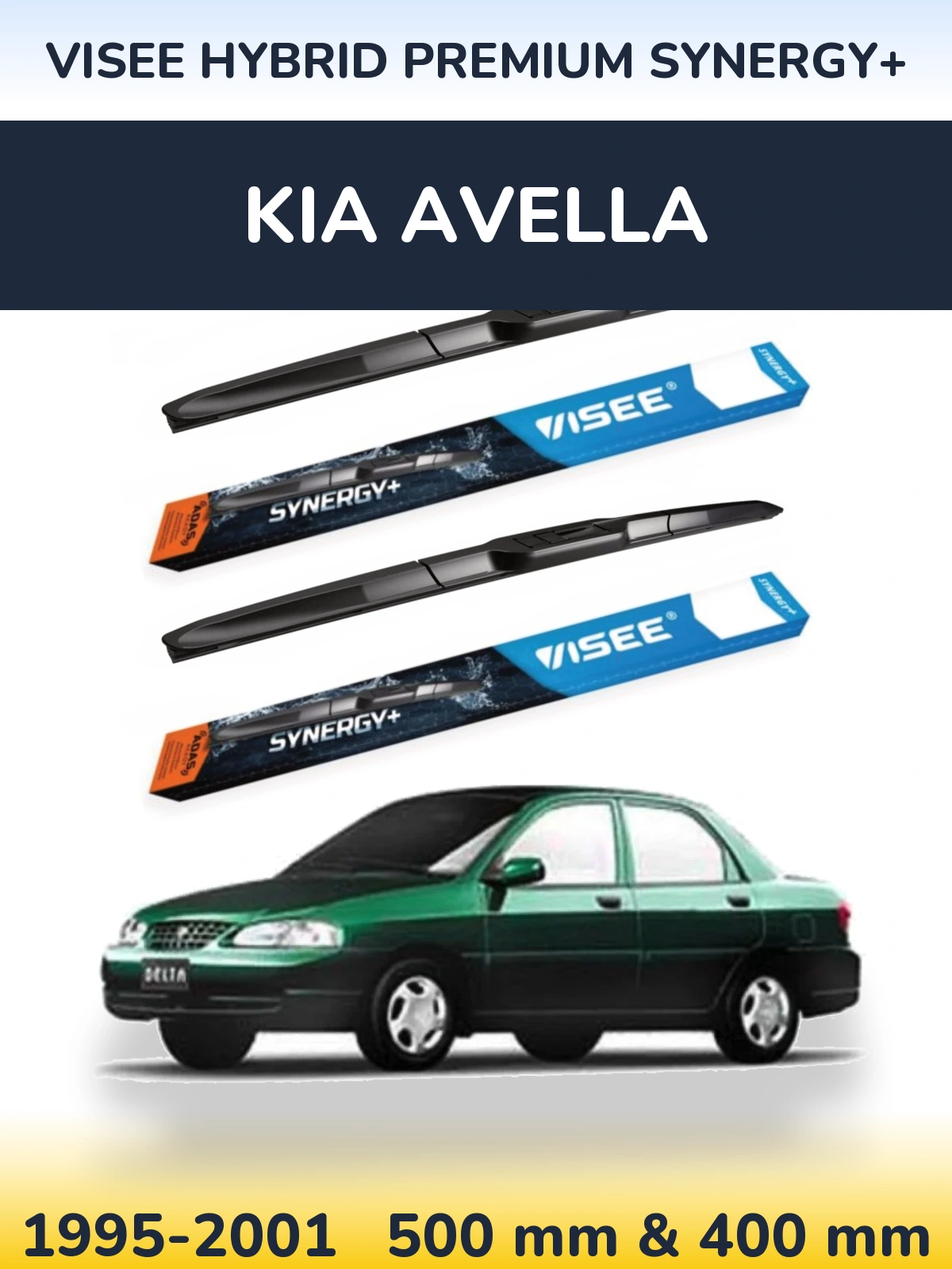 Front wiper blade set VISEE HYBRID PREMIUM SYNERGY+ 500 & 400 mm for KIA Avella 1995-2001