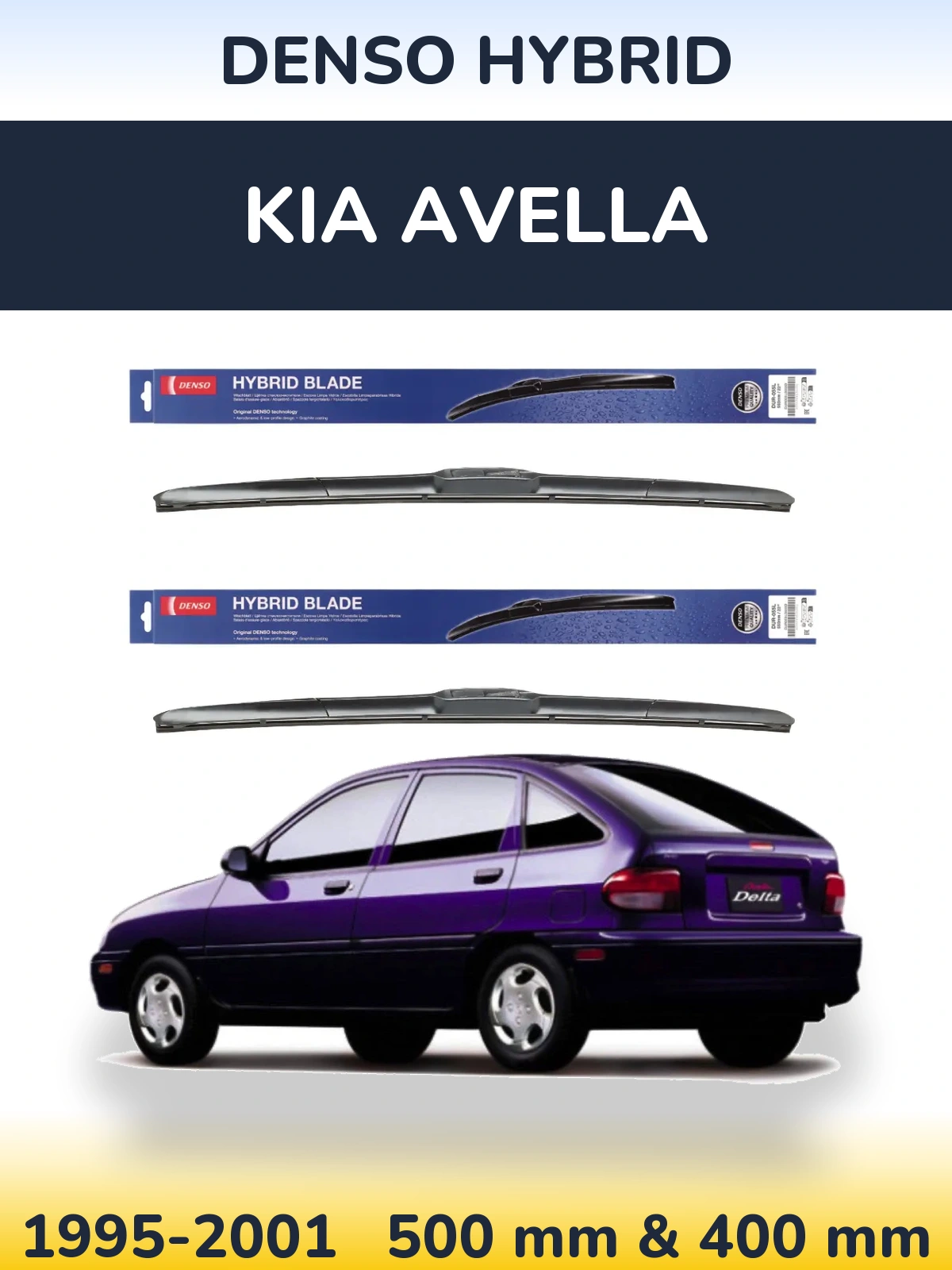 Front wiper blade set Denso Hybrid 500 & 400 mm for KIA Avella 1995-2001