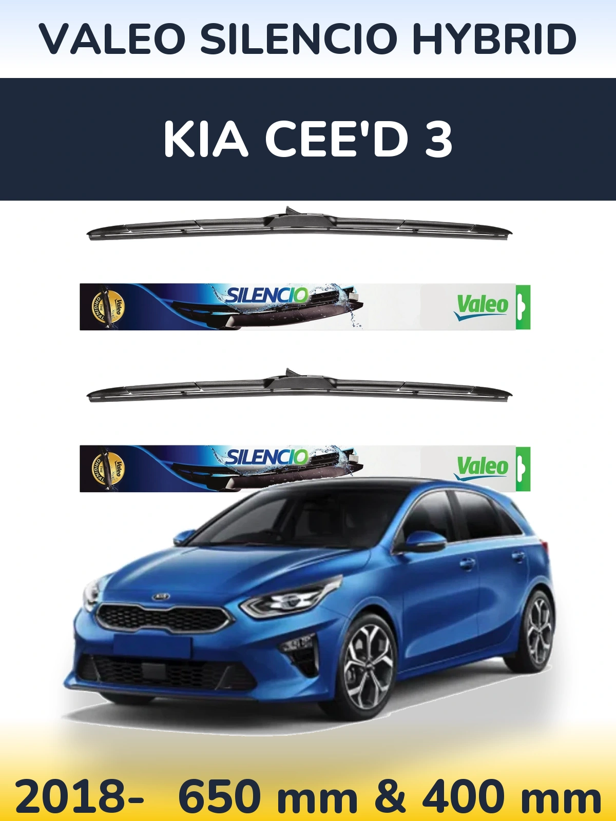 Komplet przednich wycieraczek Valeo Silencio Hybrid 650 & 400 mm do KIA Cee'd 3 2018-2026