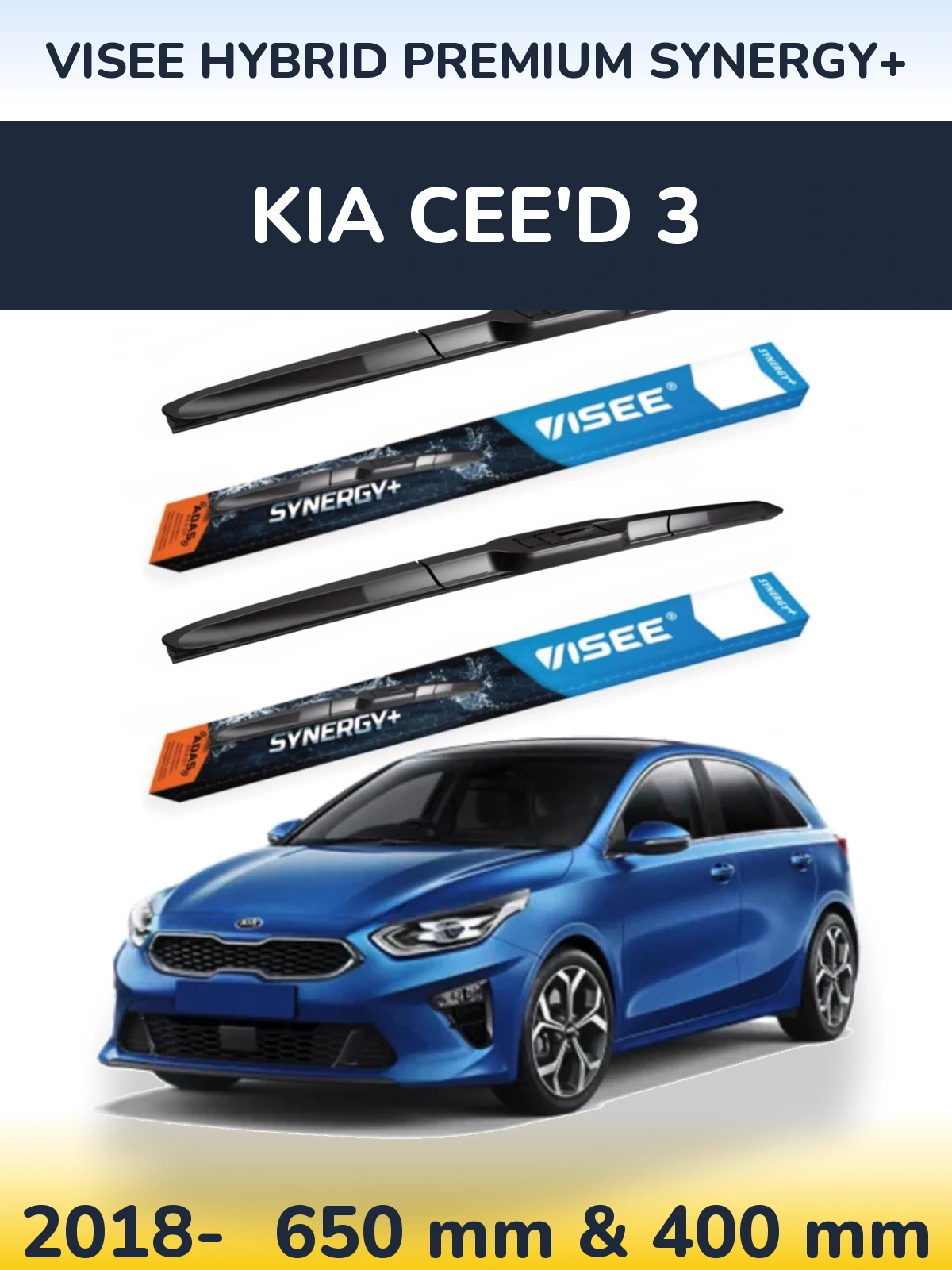 Komplet przednich wycieraczek VISEE HYBRID PREMIUM SYNERGY+ 650 & 400 mm do KIA Cee'd 3 2018-2026