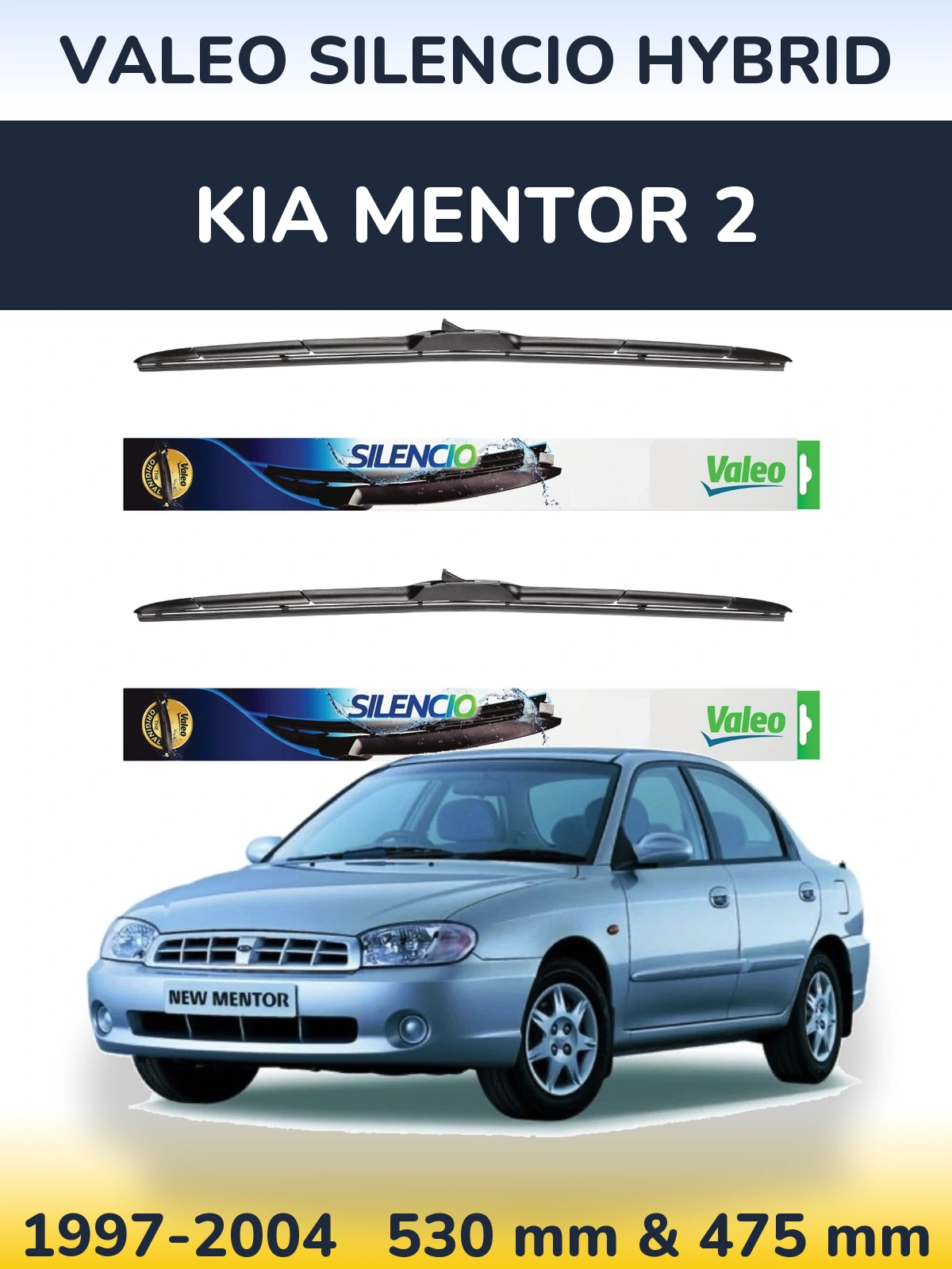 Front wiper blade set Valeo Silencio Hybrid 530 & 475 mm for KIA Mentor 2 1997-2004