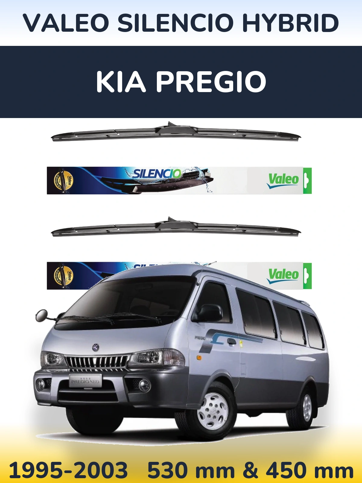 Front wiper blade set Valeo Silencio Hybrid 530 & 450 mm for KIA Pregio 1995-2003