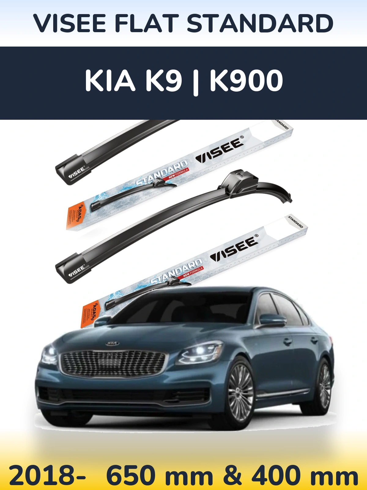 Komplet przednich wycieraczek VISEE FLAT STANDARD 650 & 400 mm do KIA K9 | K900 2018-2026