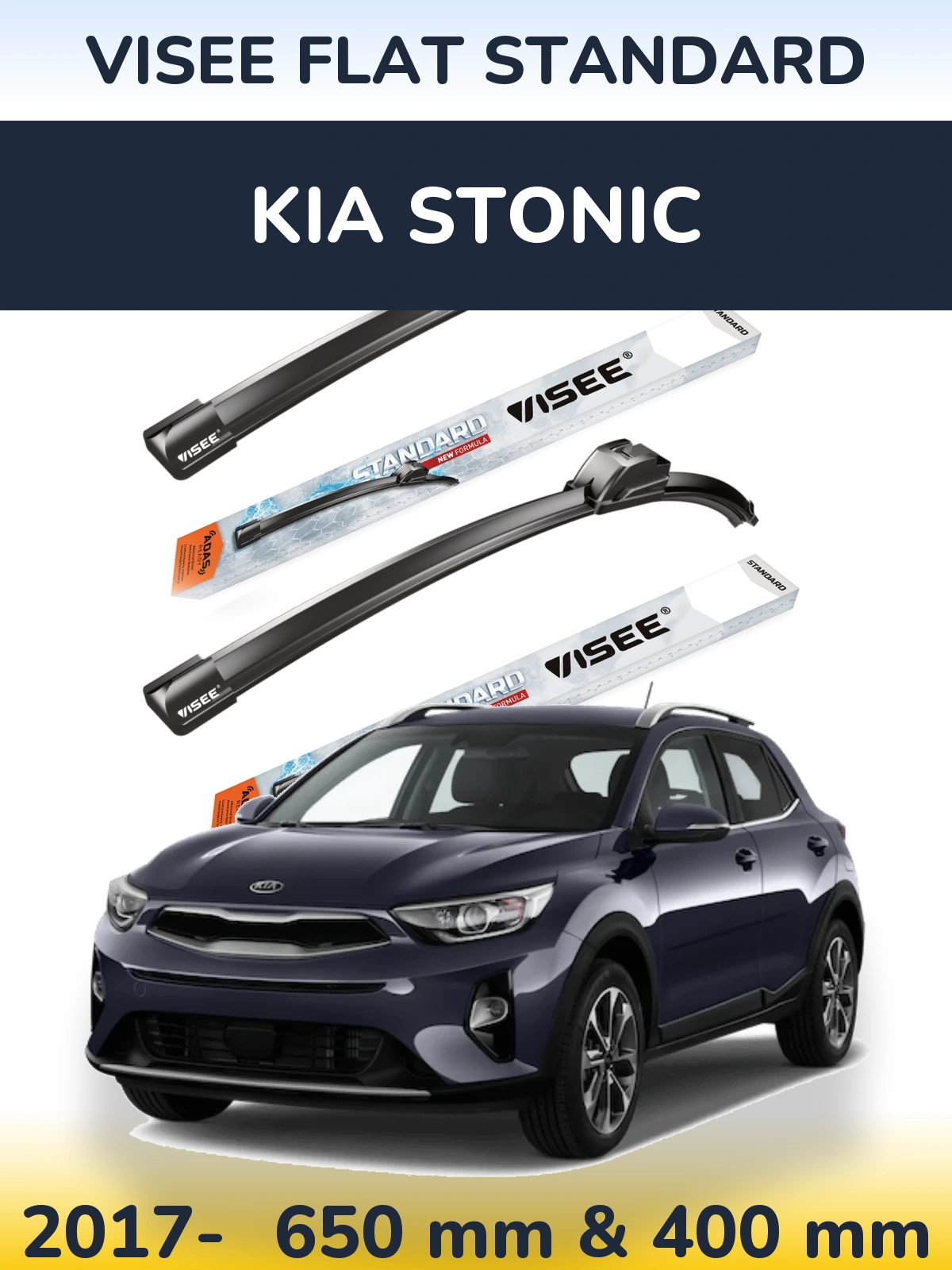 Front wiper blade set VISEE FLAT STANDARD 650 & 400 mm for KIA Stonic 2017-2026