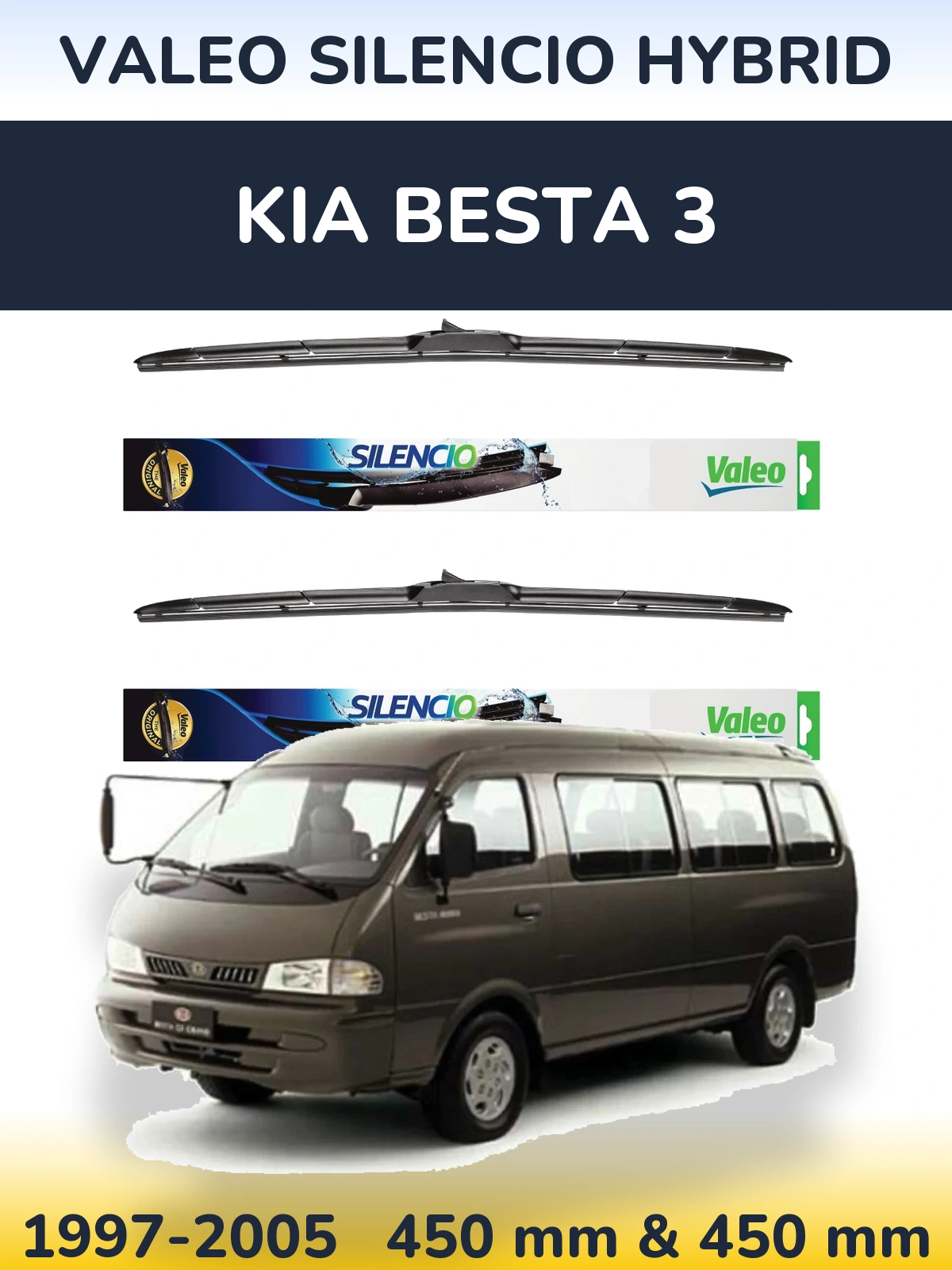 Front wiper blade set Valeo Silencio Hybrid 450 & 450 mm for KIA Besta 3 1997-2005
