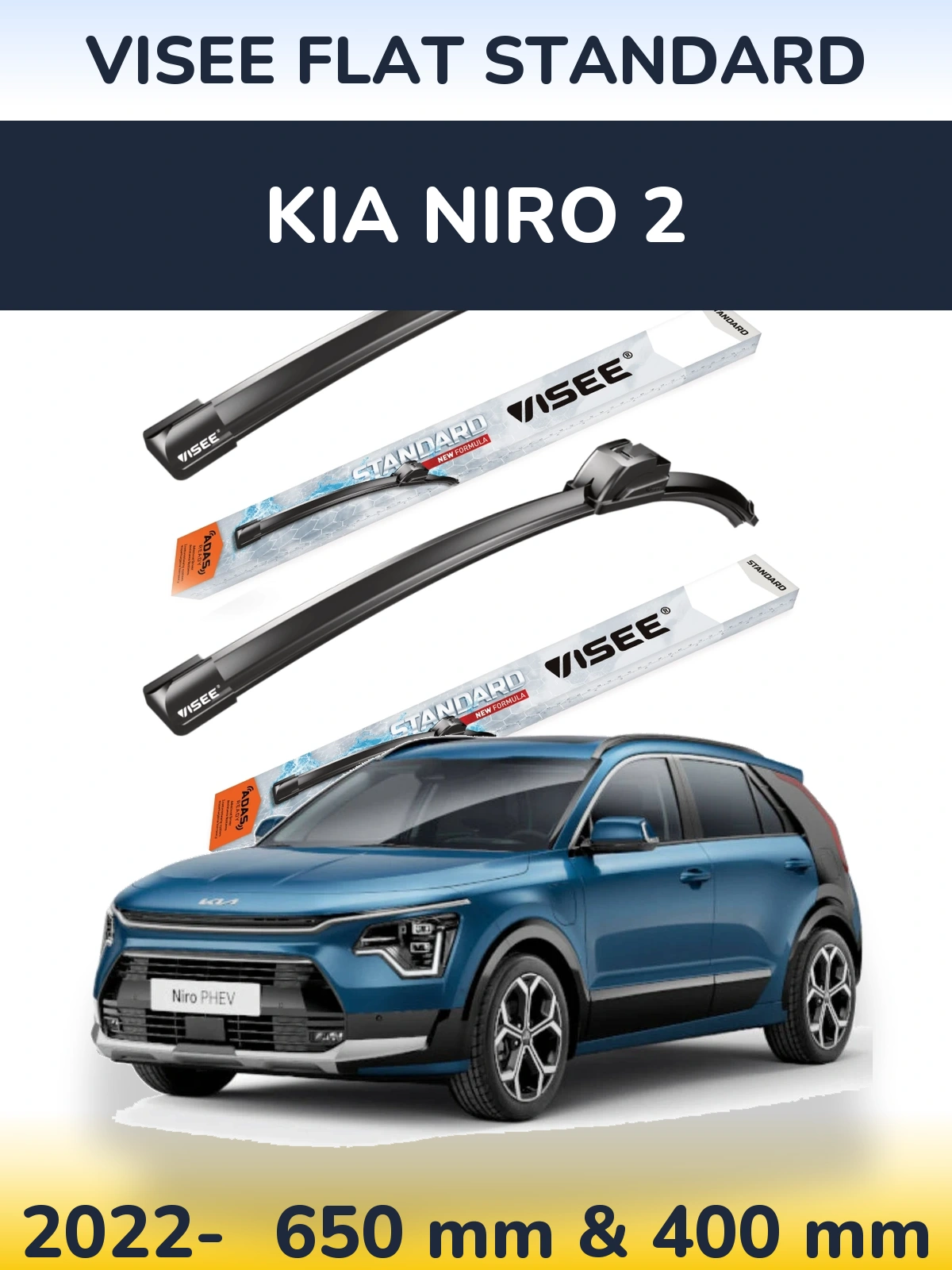 Front wiper blade set VISEE FLAT STANDARD 650 & 400 mm for KIA Niro 2 2022-2026