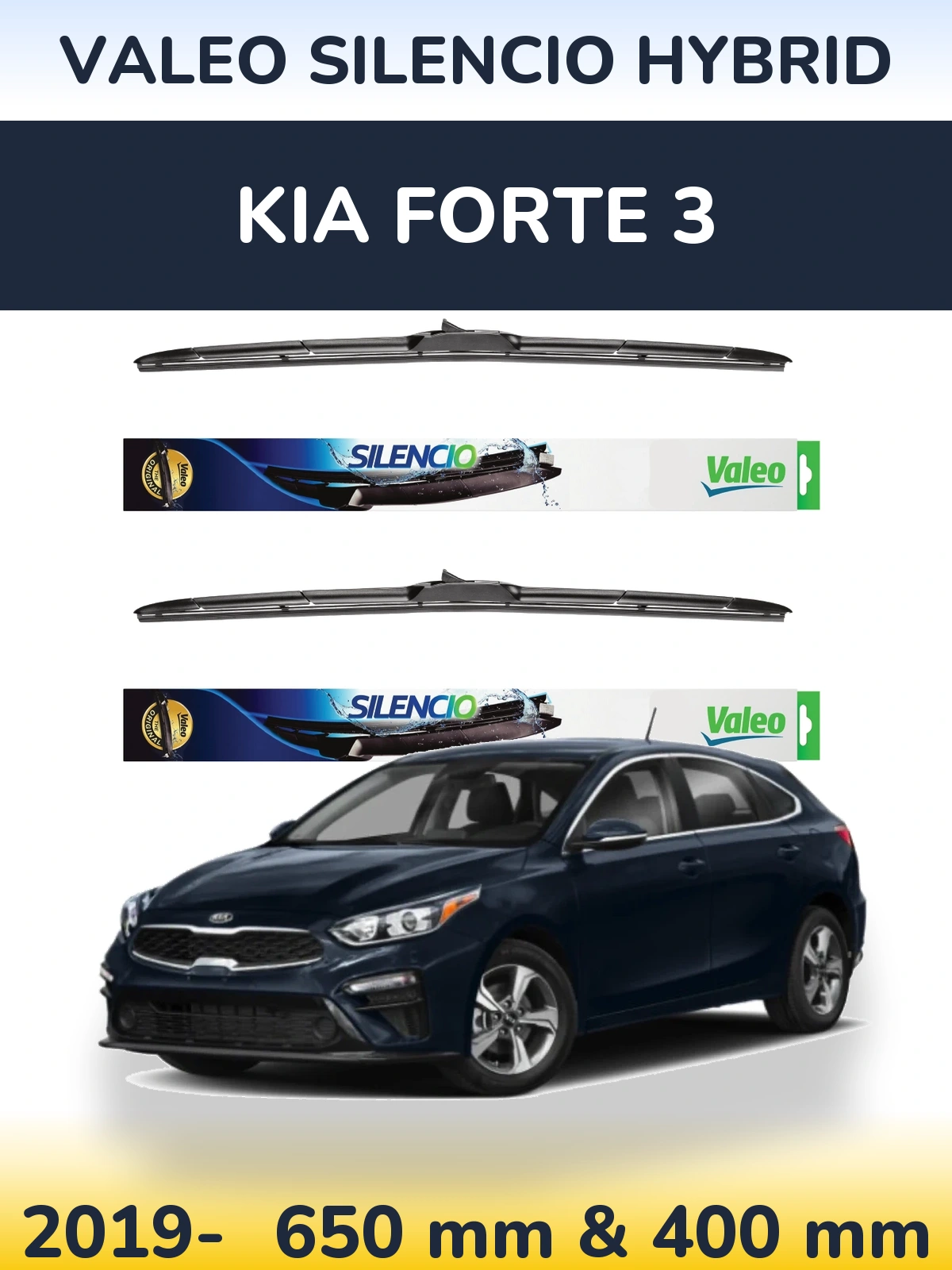 Front wiper blade set Valeo Silencio Hybrid 650 & 400 mm for KIA Forte 3 2019-2026