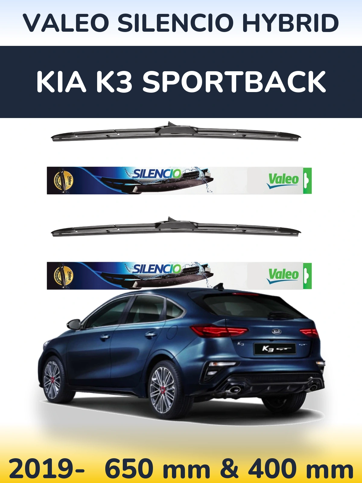 Komplet przednich wycieraczek Valeo Silencio Hybrid 650 & 400 mm do KIA K3 Sportback 2019-2026
