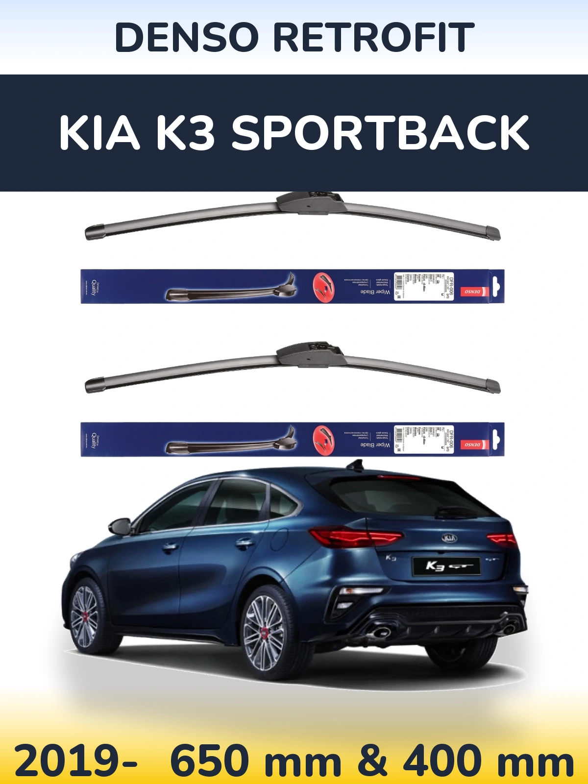 Front wiper blade set Denso Retrofit 650 & 400 mm for KIA K3 Sportback 2019-2026