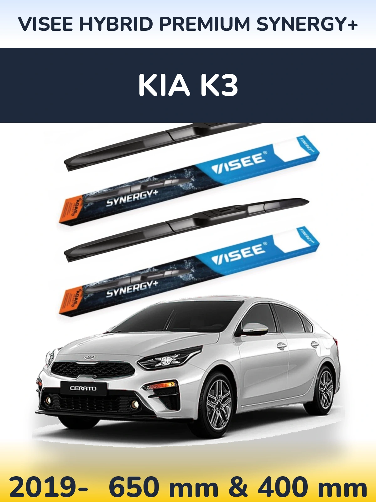 Komplet przednich wycieraczek VISEE HYBRID PREMIUM SYNERGY+ 650 & 400 mm do KIA K3 2019-2026