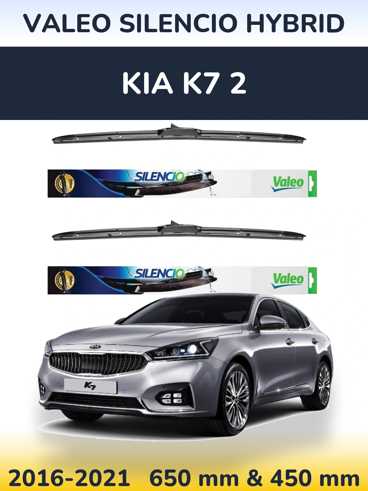 Front wiper blade set Valeo Silencio Hybrid 650 & 450 mm for KIA K7 2 2016-2021