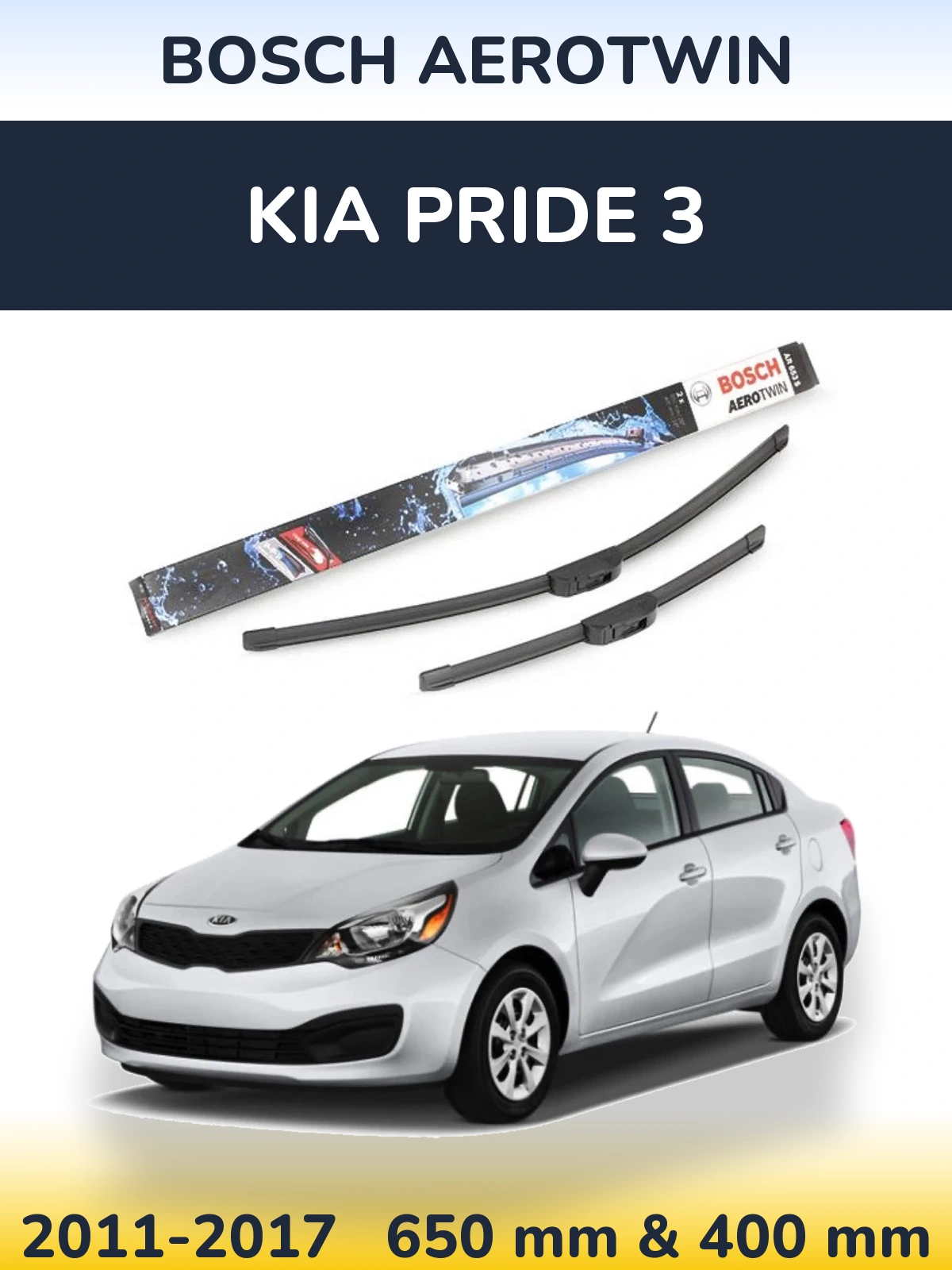 Front wiper blade set BOSCH AeroTwin 650 & 400 mm for KIA Pride 3 2011-2017
