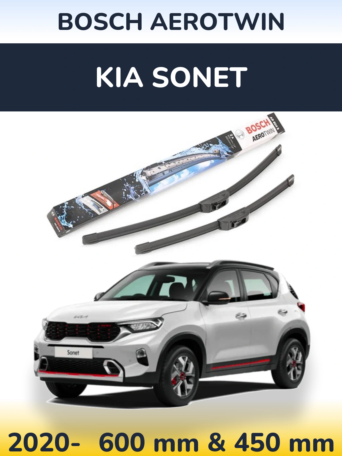 Комплект передних дворников BOSCH AeroTwin 600 & 450 мм для KIA Sonet 2020-2026