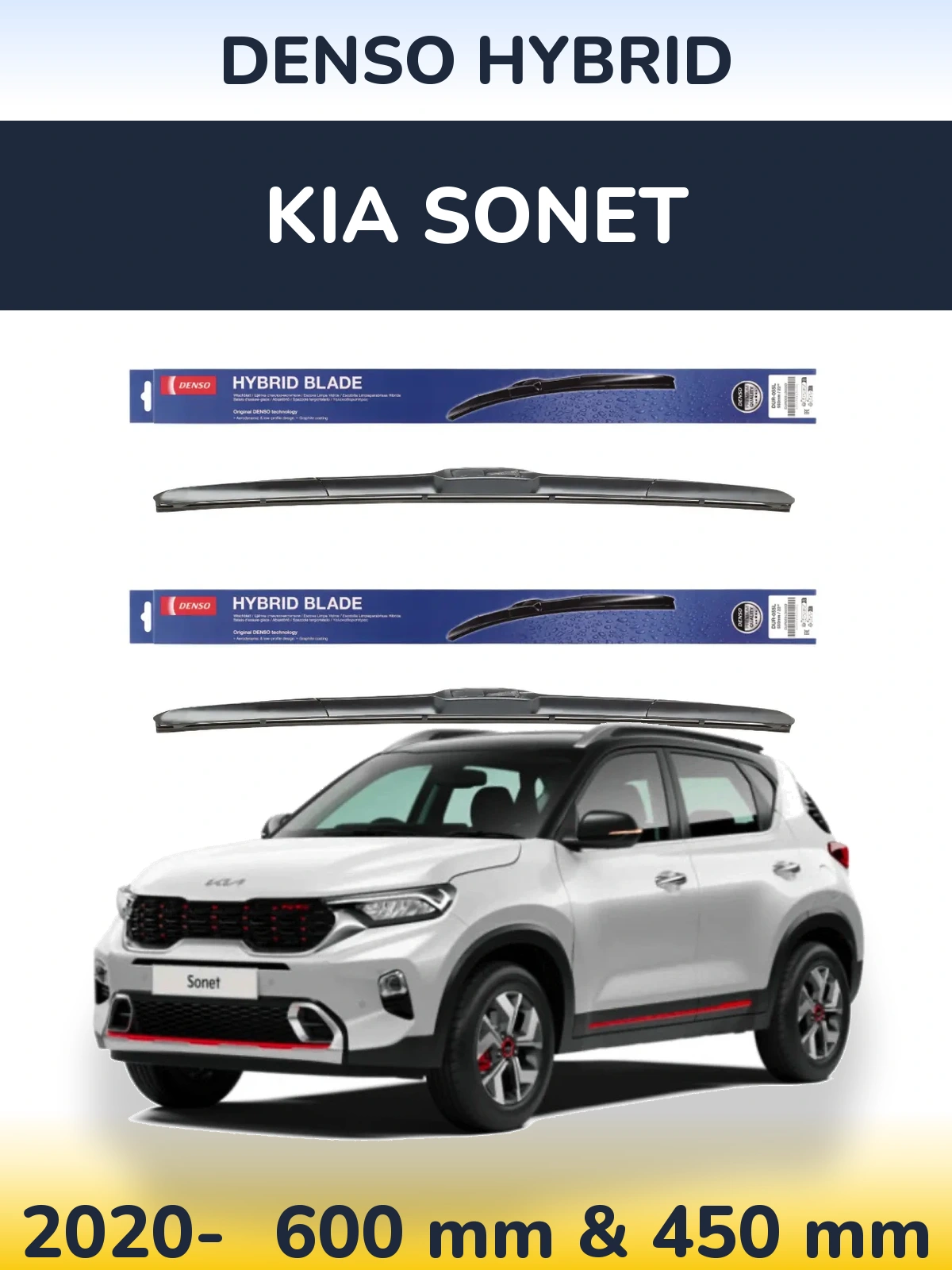 Front wiper blade set Denso Hybrid 600 & 450 mm for KIA Sonet 2020-2026