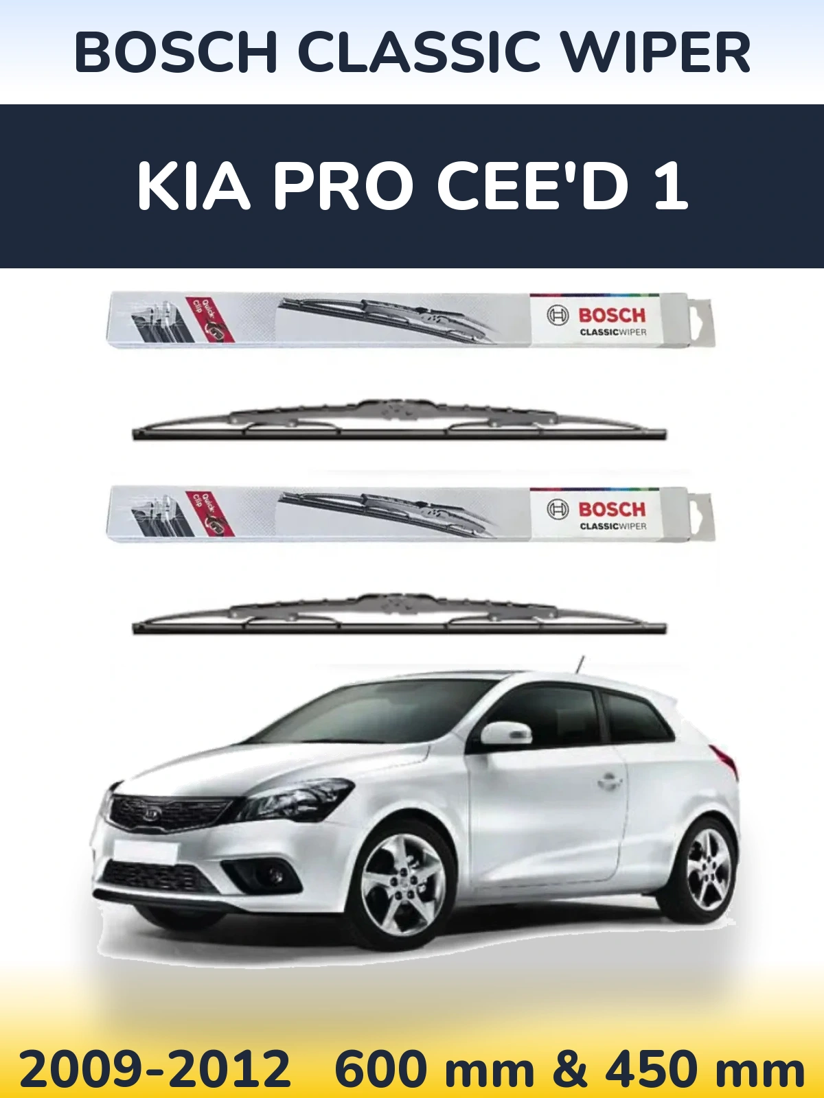 Front wiper blade set BOSCH Classic Wiper 600 & 450 mm for KIA Pro Cee'd 1 2009-2012