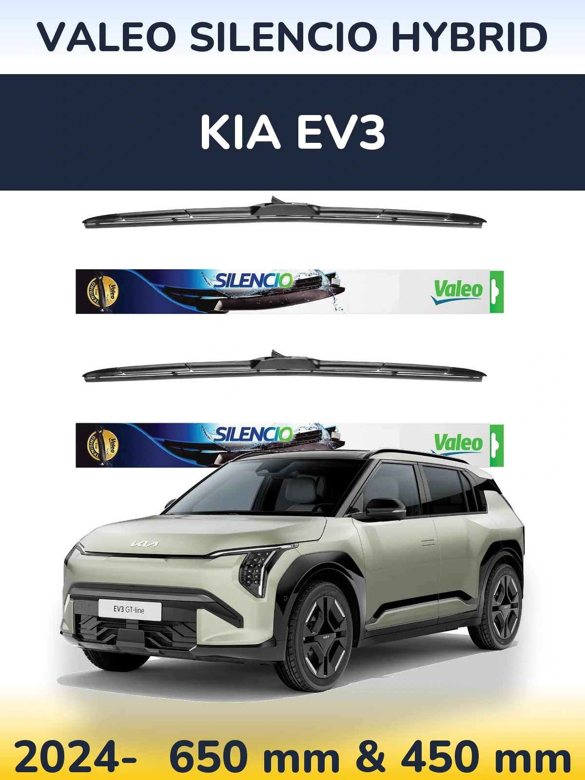 Front wiper blade set Valeo Silencio Hybrid 650 & 450 mm for KIA EV3 2024-2026